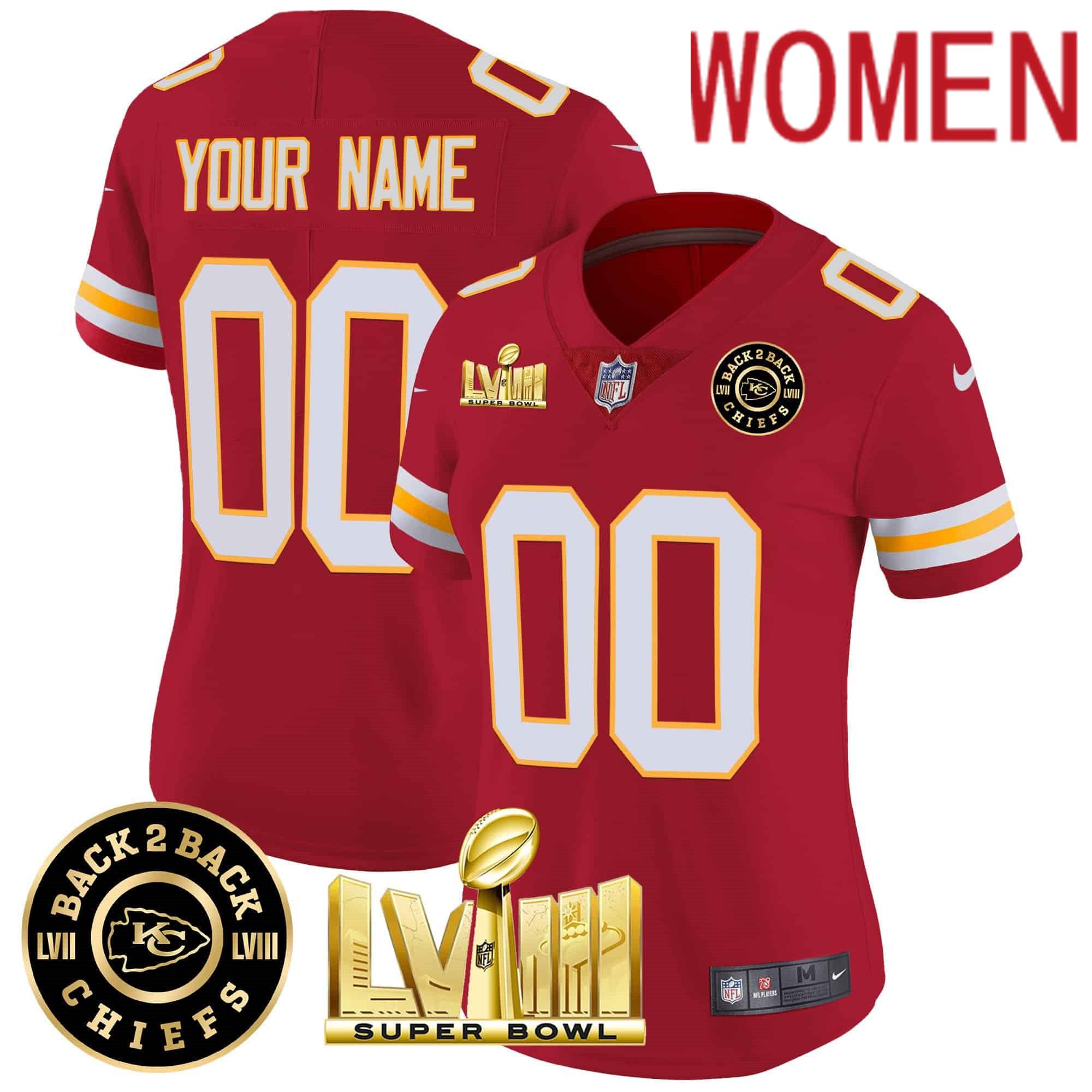 Women Kansas City Chiefs Red 2024 Nike Super Bowl LVIII & Back-2-Back Patch Vapor Custom NFL Jersey style 3